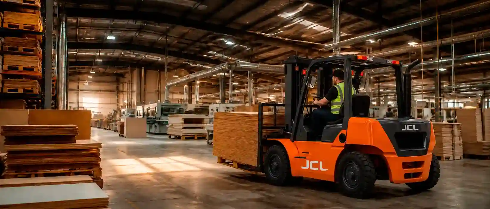 Empilhadeira JCL em operação em ambiente industrial
