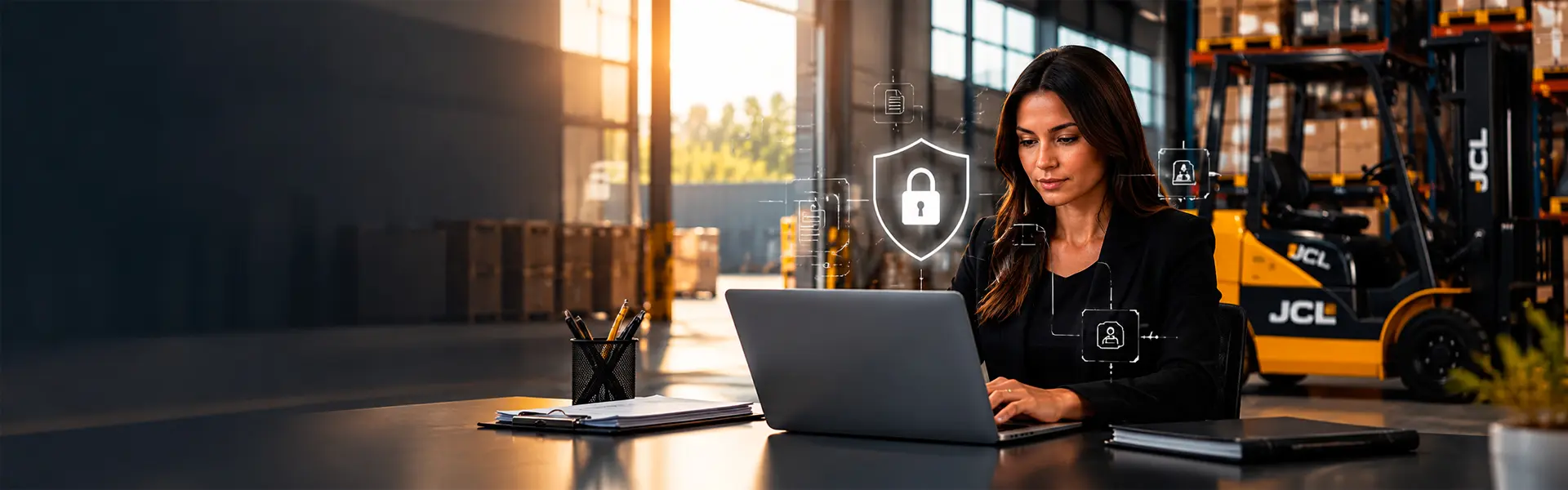 Profissional utilizando notebook em ambiente corporativo