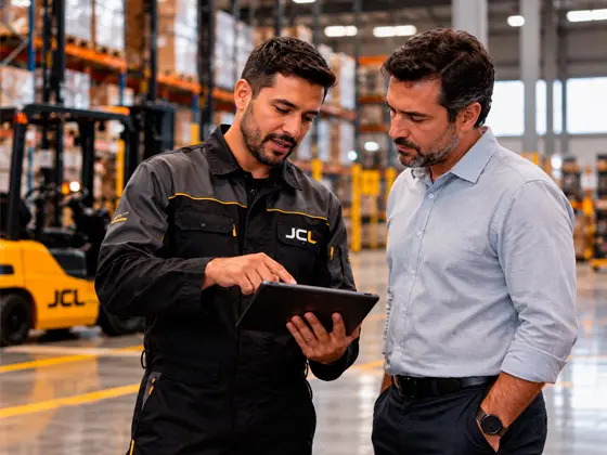 Técnico da JCL apresentando informações em um tablet a um cliente